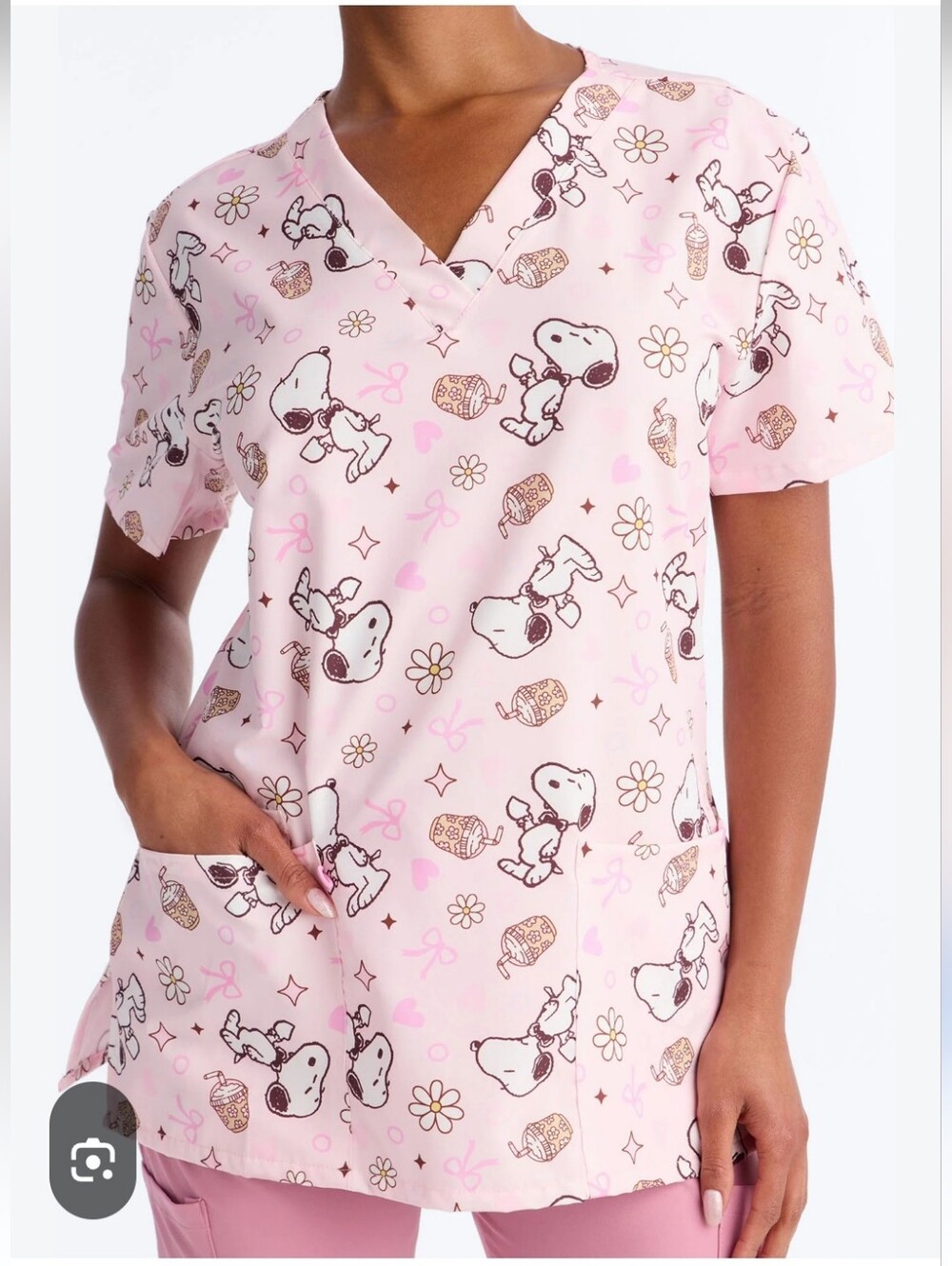 Peanuts Scrub CLUB Top For Healthcare Workers Size L Pink & White 2 Pockets